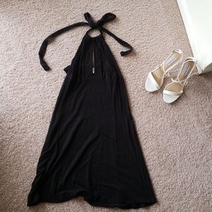 Black halter cotton/spandex swing dress.